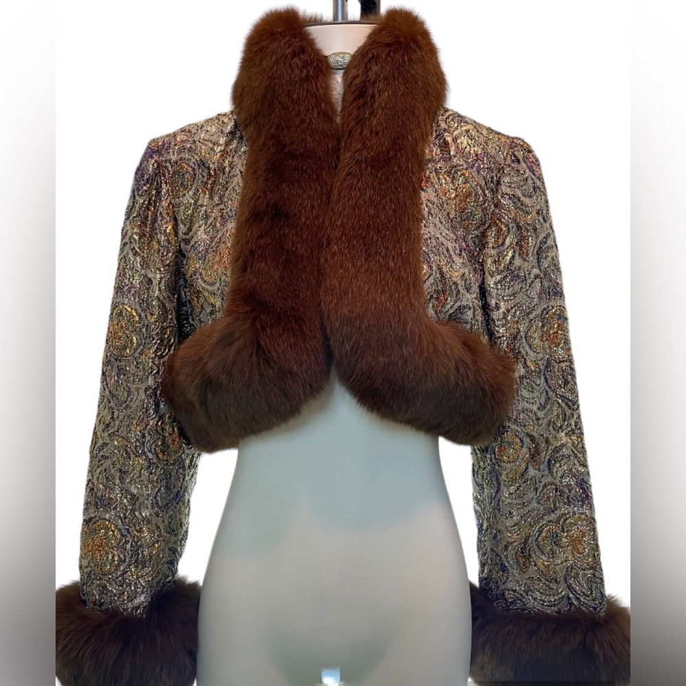 VINTAGE - Saks Fifth Avenue Metallic Brocade Bolero Jacket with Genuine Fox Fur